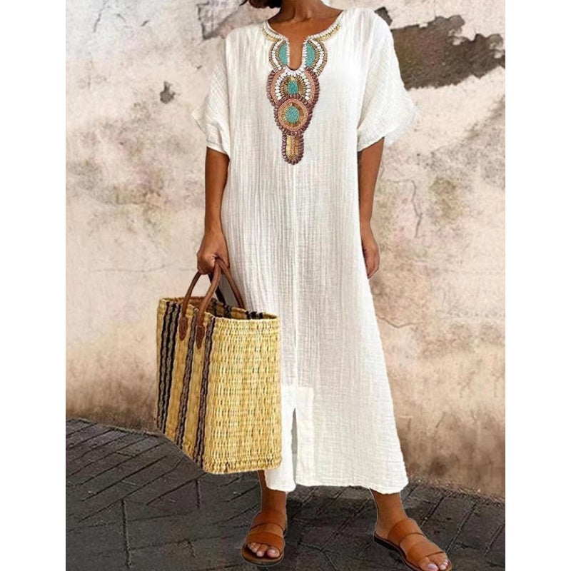 Saskia | Women Embroidered Linen Maxi Dress Summer Style