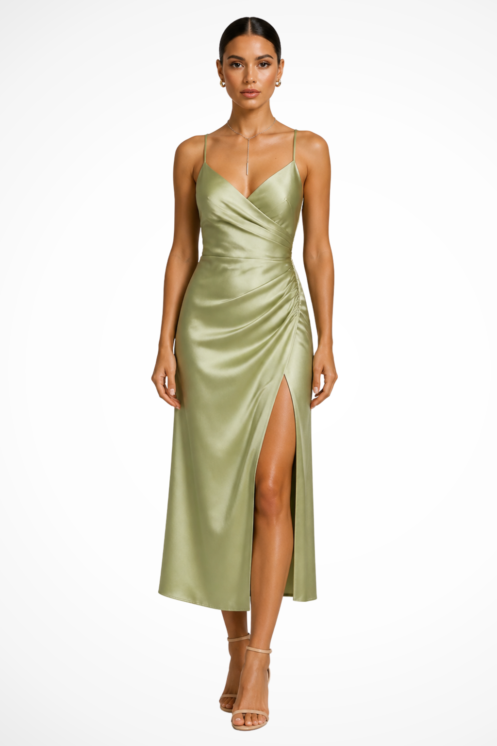 Amelia | Women's Wedding Guest Satin Wrap Midi Split Dress