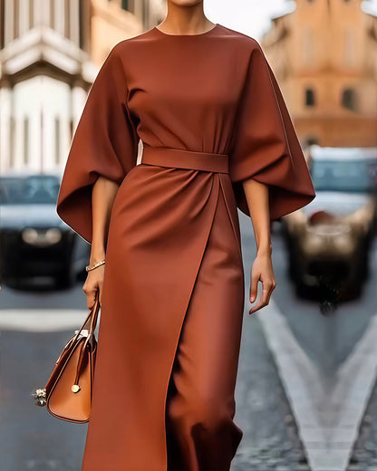 Aurelia | Women Midi Dress Lantern Sleeves Belted