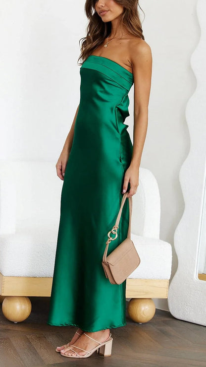 Elodie | Women Straight Neck Satin Maxi Evening Dress