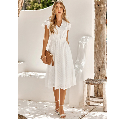 Evie | Women Short Sleeve Ruffle Midi Dress Flattering Fit