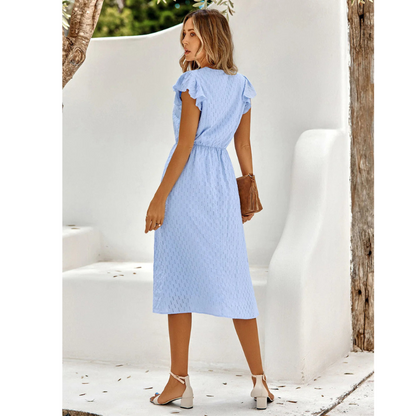 Evie | Women Short Sleeve Ruffle Midi Dress Flattering Fit