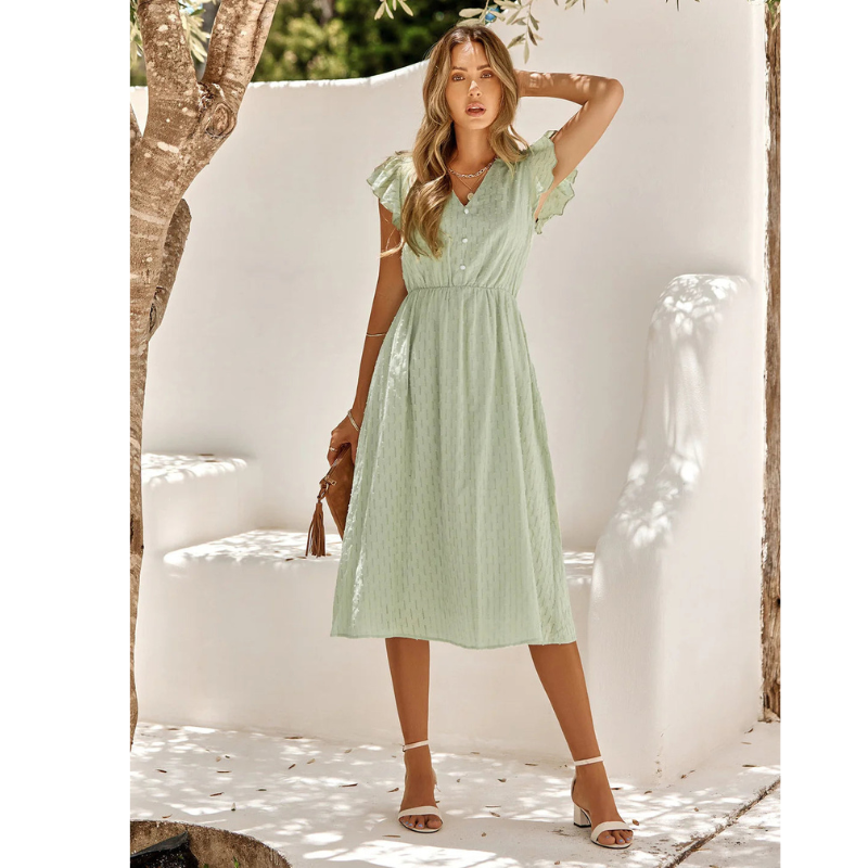Evie | Women Short Sleeve Ruffle Midi Dress Flattering Fit