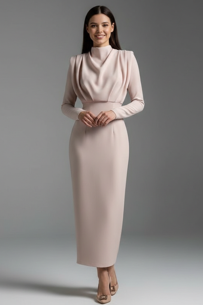 Isolde | Women's High Neckline Long Sleeve Summer Midi Dress