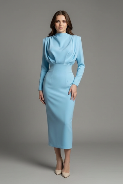 Isolde | Women's High Neckline Long Sleeve Summer Midi Dress