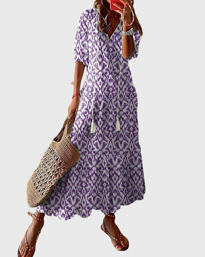 Saffron | Women Boho Vintage Midi Dress V Neck