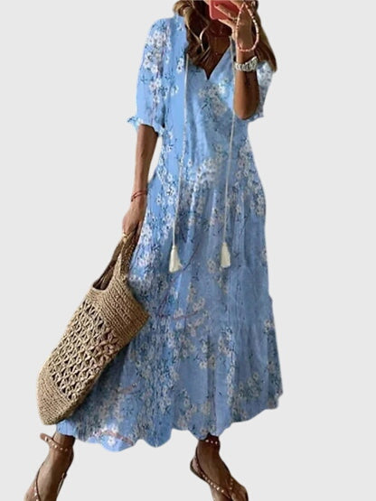 Saffron | Women Boho Vintage Midi Dress V Neck