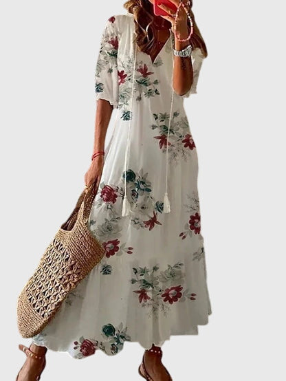 Saffron | Women Boho Vintage Midi Dress V Neck