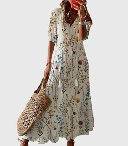 Saffron | Women Boho Vintage Midi Dress V Neck