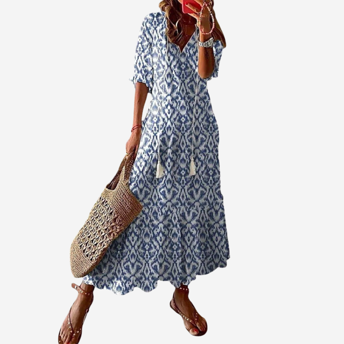 Saffron | Women Boho Vintage Midi Dress V Neck