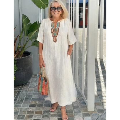 Saskia | Women Embroidered Linen Maxi Dress Summer Style