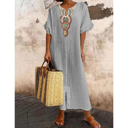 Saskia | Women Embroidered Linen Maxi Dress Summer Style
