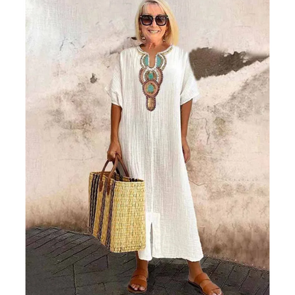Saskia | Women Embroidered Linen Maxi Dress Summer Style