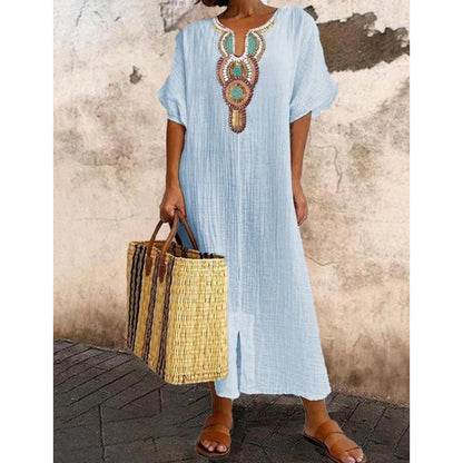 Saskia | Women Embroidered Linen Maxi Dress Summer Style