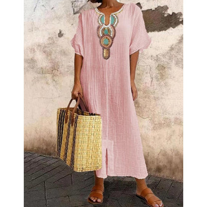 Saskia | Women Embroidered Linen Maxi Dress Summer Style