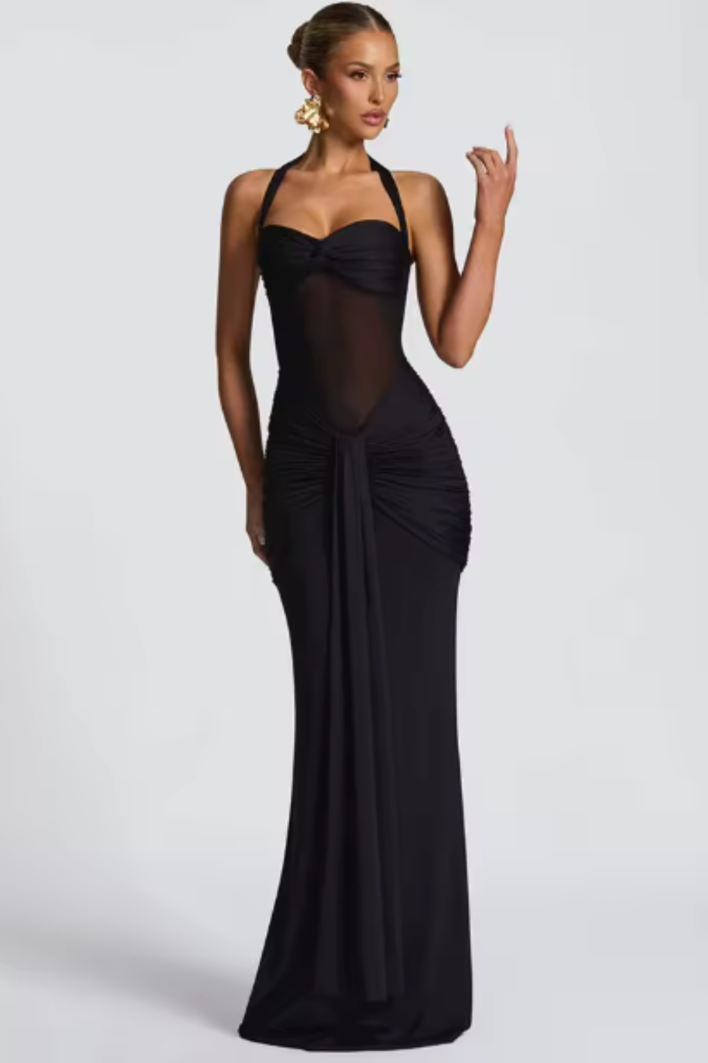 Walia | Elegant Women Halter Neck Ruched Wedding Guest Maxi Dress
