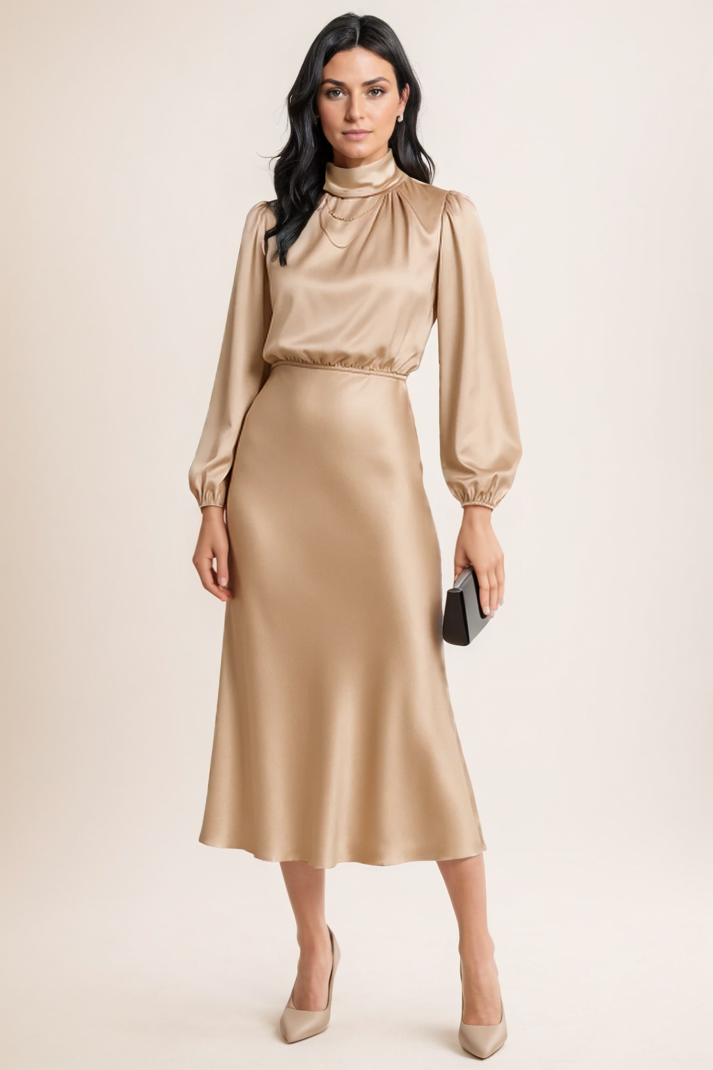 Women’s High Waist Midi Dress – High Neck - Cotton Blend - All-Season Wear