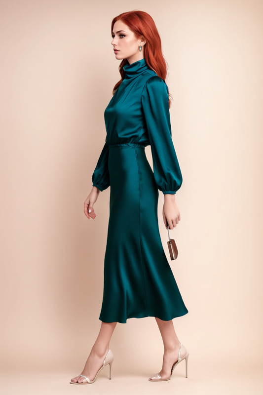 Women’s High Waist Midi Dress – High Neck - Cotton Blend - All-Season Wear