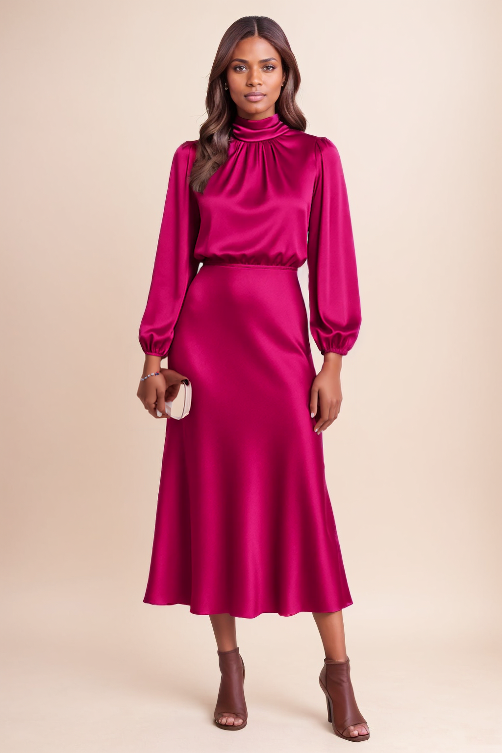 Women’s High Waist Midi Dress – High Neck - Cotton Blend - All-Season Wear